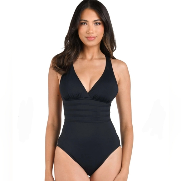 La Blanca Island Goddess Multi-Strap Cross-Back One Piece - Black Sz 6